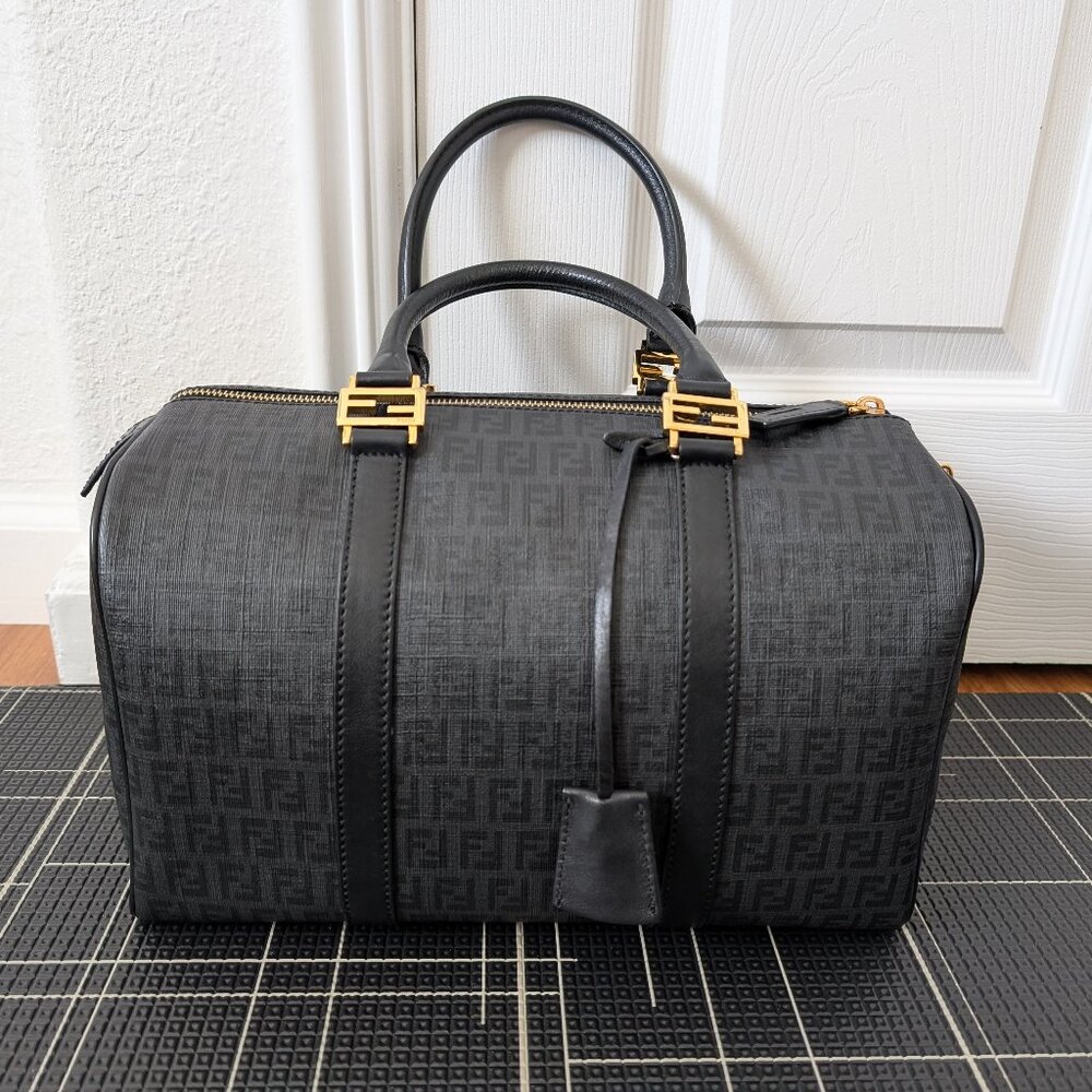 Fendi Forever Boston Satchel Black Canvas Leather Designer Bag Handbag Purse